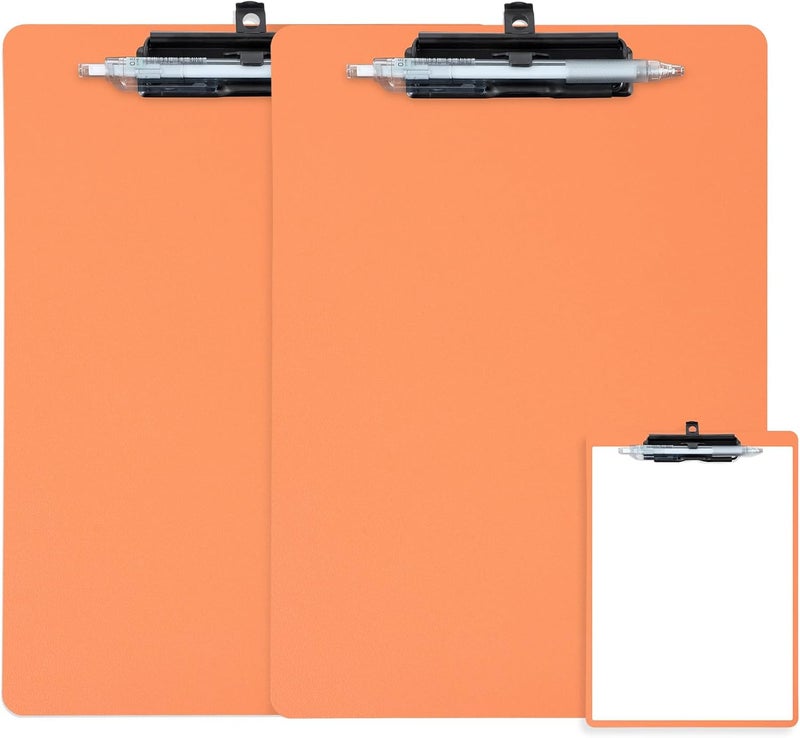 FRETONBA Orange Clipboard with Pen Holder, 2 Pack Plastic Clipboard with Low Profile Metal Clip, Hanging Clipboards Holds 8.5x11 Inch Papers, Standard A4 Letter Size Clip Board for Office & School - Image 1
